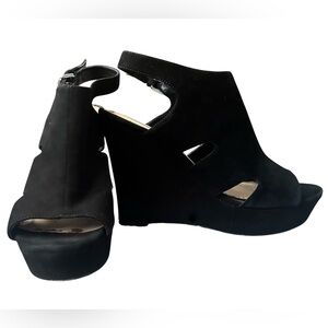 Steve Madden Black Suede Emmy Wedge Peep-toe Heels SZ 9